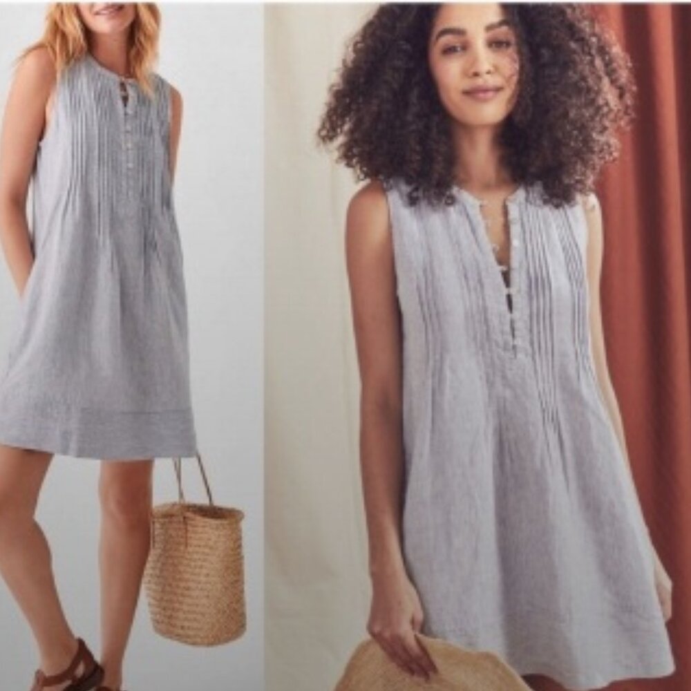 Faherty Isha 100% Linen dress in blue mini stripe